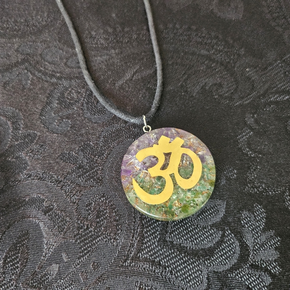 Amethyst & Aventurine Om Orgonite Pendant Necklace